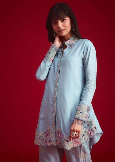 Blue Silk Threadwork And Patch Work Kurta Pant Set
