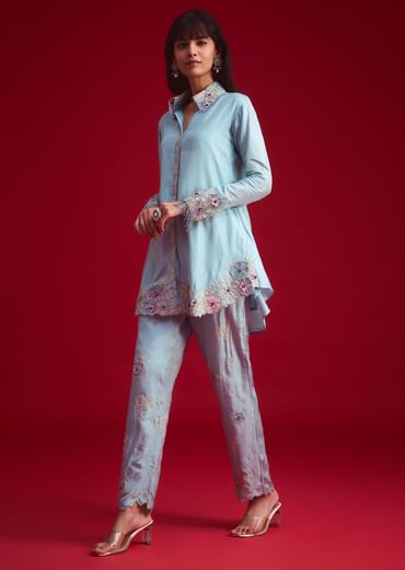 Blue Silk Threadwork And Patch Work Kurta Pant Set