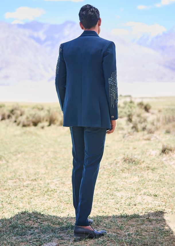 Blue Teal Embroidered Blazer Set