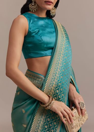 Blue Tissue Silk Saree With Chanderi Zari Weaving