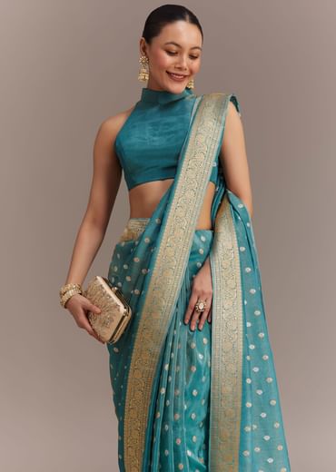 Blue Tissue Silk Saree With Zari Border Butti And Pallu