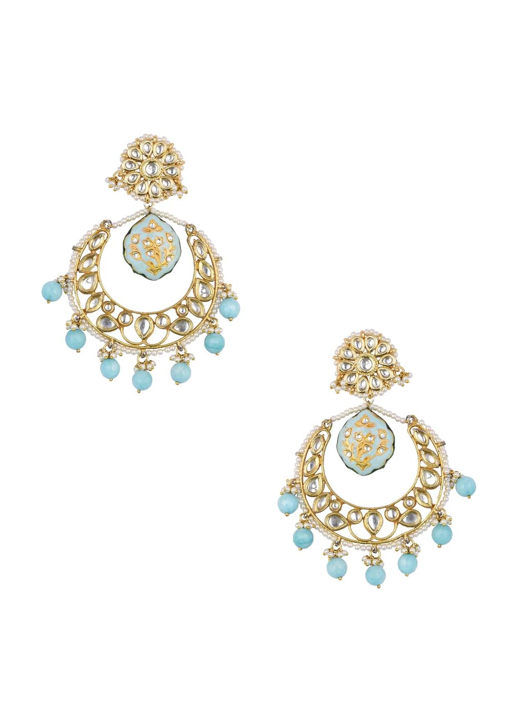 Blue Tone Kundan Chandali Earings With Beads