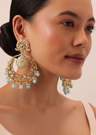 Blue Tone Kundan Chandali Earings With Beads