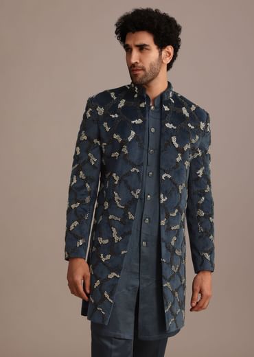 Blue Velvet Hand Embroidered Indo Western Set