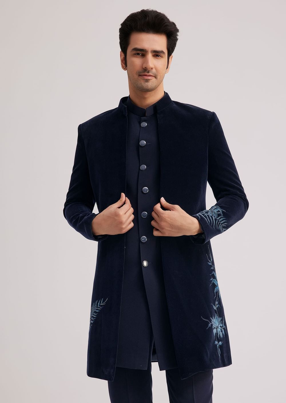 Blue Velvet Indo Jacket Set With Hand Painted Cut Dana Work