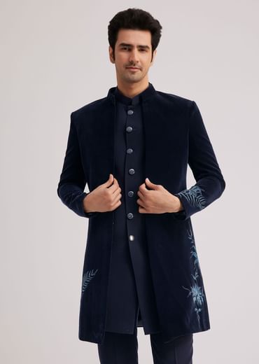Blue Velvet Indo Jacket Set With Hand Painted Cut Dana Work