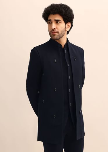 Blue Jacquard 3 Pc Bandhgala Jodhpuri Suit