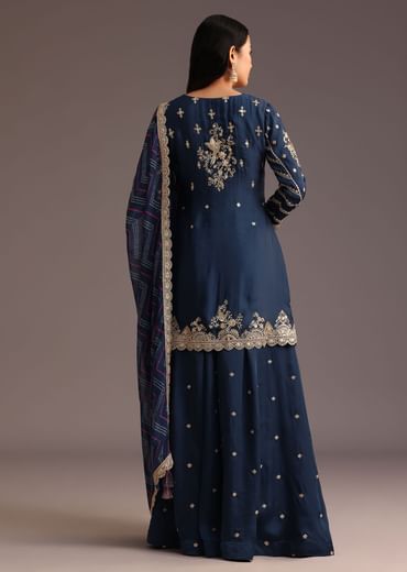 Blue Zari Work Palazzo Suit With Organza Dupatta