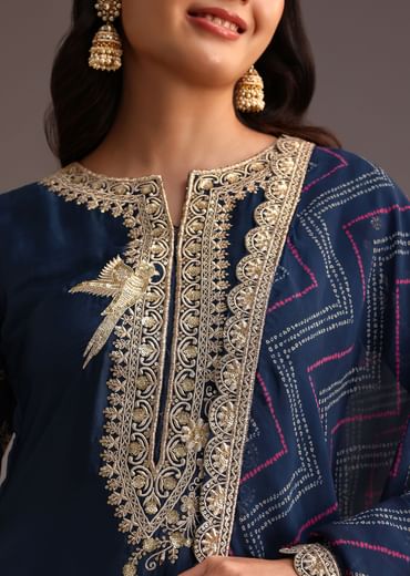 Blue Zari Work Palazzo Suit With Organza Dupatta