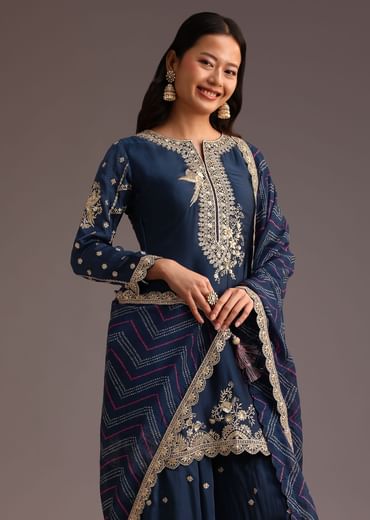 Blue Zari Work Palazzo Suit With Organza Dupatta