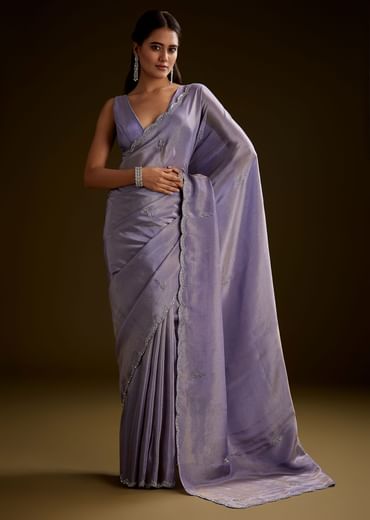 Blush Grey Tissue Saree With Cutdana And Sequins Embroidery And Scallop Border