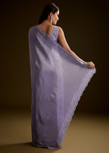 Blush Grey Tissue Saree With Cutdana And Sequins Embroidery And Scallop Border