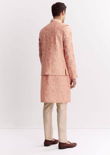 Blush Peach Silk Kurta Jacket Set With Sequins And Moti Detailing