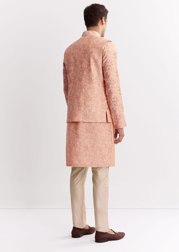 Blush Peach Silk Kurta Jacket Set With Sequins And Moti Detailing