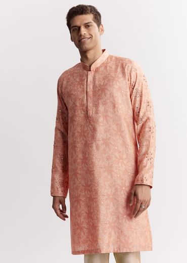 Blush Peach Silk Kurta Jacket Set With Sequins And Moti Detailing