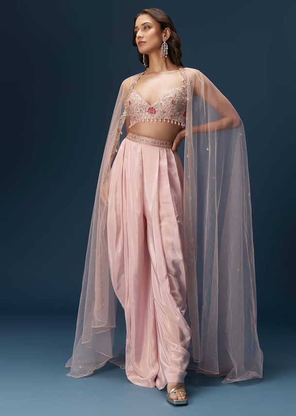 Blush Pink Dhoti Set With Embroidered Blouse And Soft Dupatta Blush Pink Dhoti Set With Embroidered Blouse And Soft Dupatta
