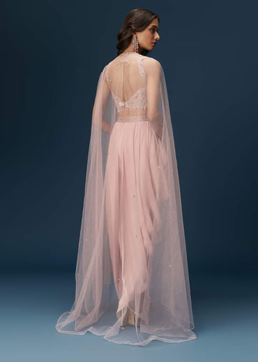 Blush Pink Dhoti Set With Embroidered Blouse And Soft Dupatta