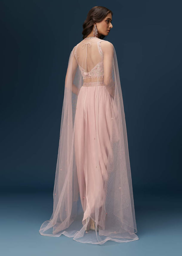 Blush Pink Dhoti Set With Embroidered Blouse And Soft Dupatta Blush Pink Dhoti Set With Embroidered Blouse And Soft Dupatta