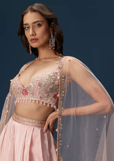 Blush Pink Dhoti Set With Embroidered Blouse And Soft Dupatta