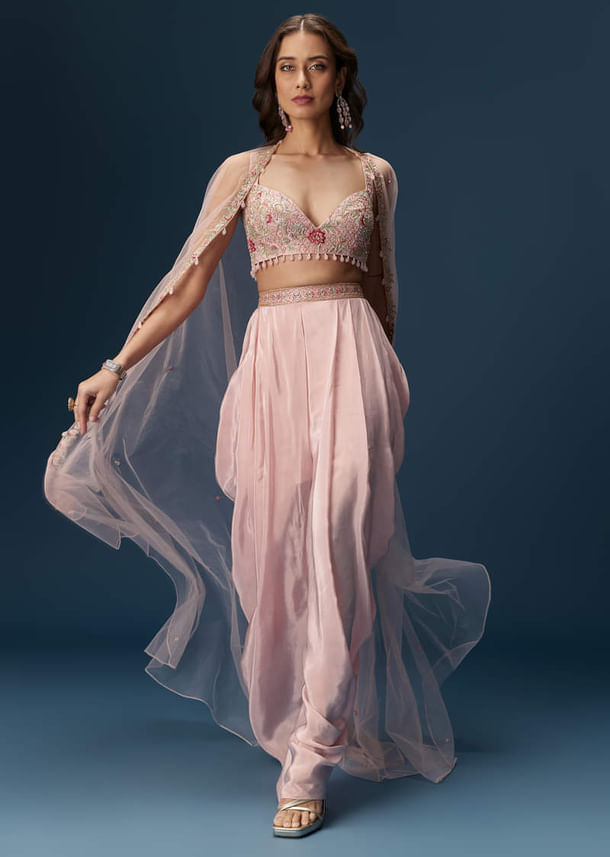 Blush Pink Dhoti Set With Embroidered Blouse And Soft Dupatta Blush Pink Dhoti Set With Embroidered Blouse And Soft Dupatta