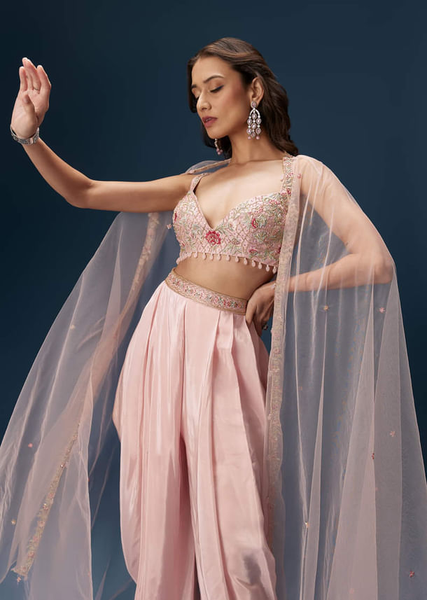 Blush Pink Dhoti Set With Embroidered Blouse And Soft Dupatta Blush Pink Dhoti Set With Embroidered Blouse And Soft Dupatta