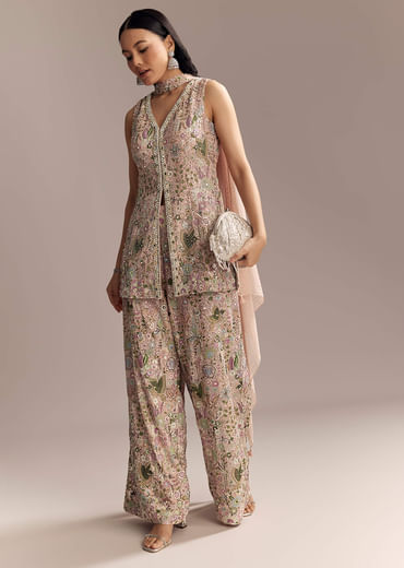 Blush Pink Georgette Palazzo Suit With Sequins And Resham Work