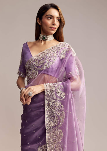 Blush Purple Tissue Saree With Floral Embroidery