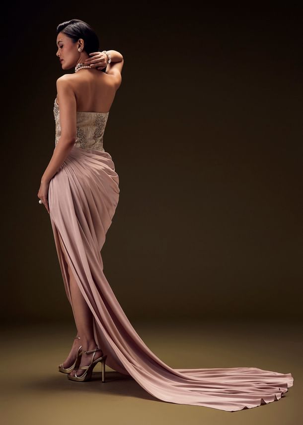 Blush Peach Embroidered Brocade Corset Gown With Drape And Side Slit