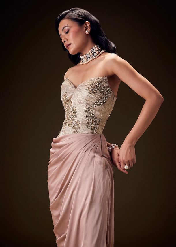 Blush Peach Embroidered Brocade Corset Gown With Drape And Side Slit