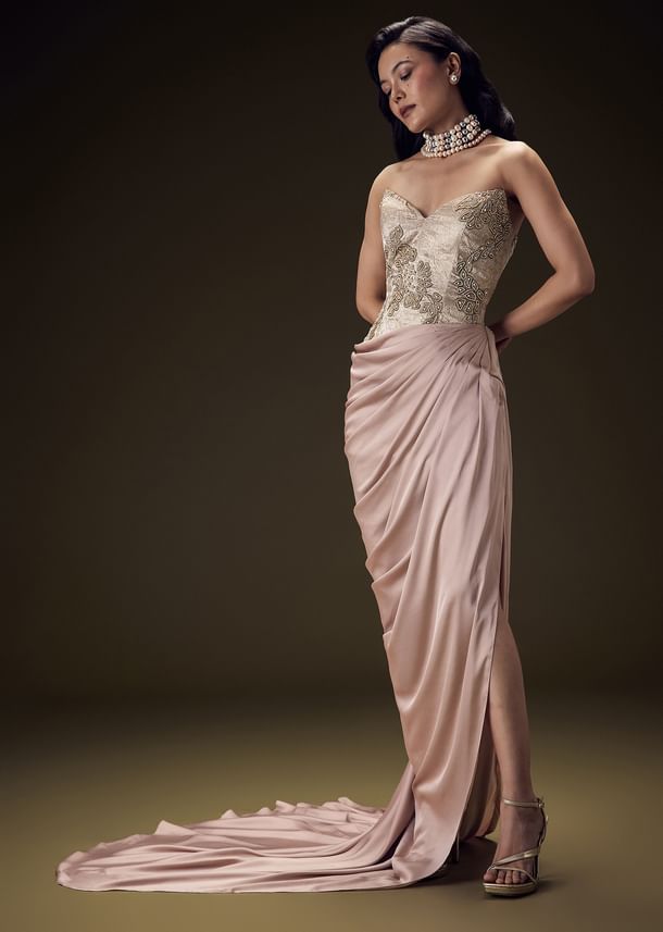 Blush Peach Embroidered Brocade Corset Gown With Drape And Side Slit