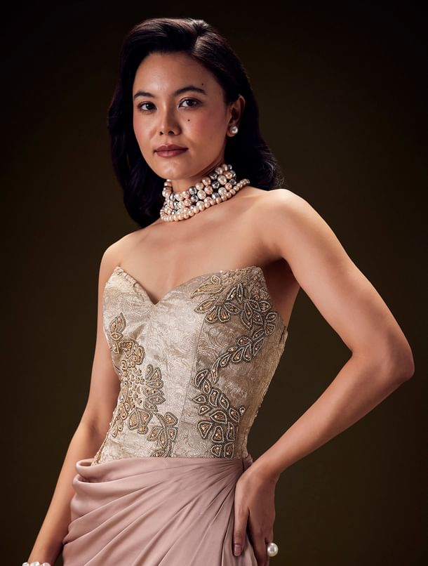 Blush Peach Embroidered Brocade Corset Gown With Drape And Side Slit