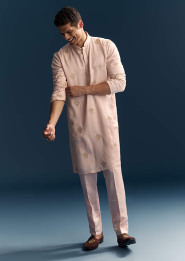 Blush Pink Kurta Set For Men With Gold Thread Work