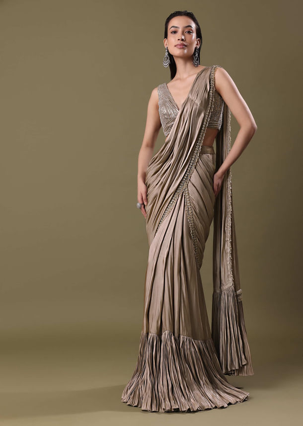 Antique Gold Pre-Stitched Frill Saree With Sequin Blouse Antique Gold Pre-Stitched Frill Saree With Sequin Blouse