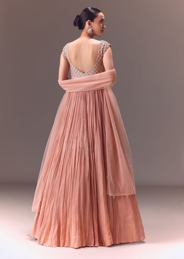 Blush Pink Ruched Anarkali Gown With Dupatta