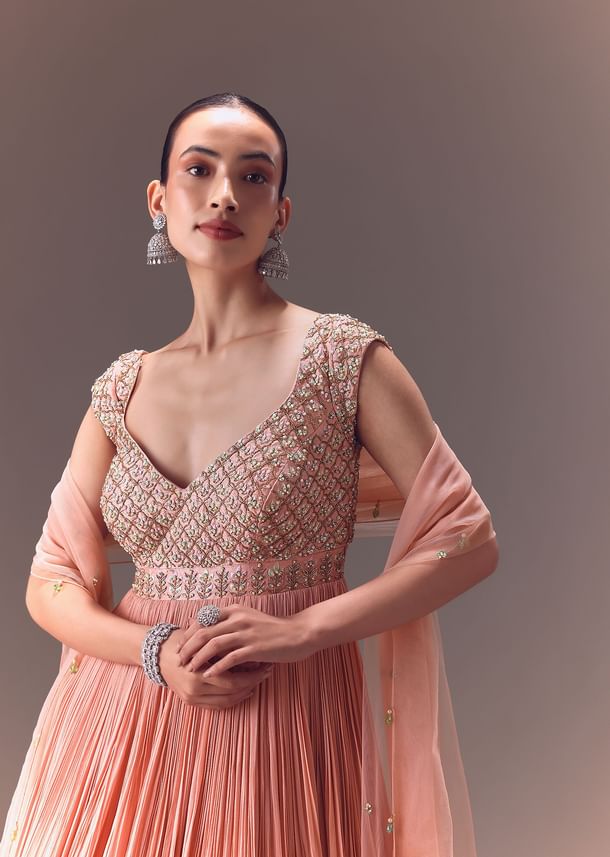 Blush Pink Ruched Anarkali Gown With Dupatta