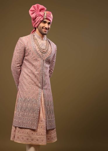 Blush Pink Thread Embroidered Silk Sherwani Set In Cut-dana and Zardosi
