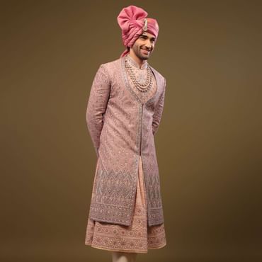 Blush Pink Thread Embroidered Silk Sherwani Set In Cut-dana and Zardosi