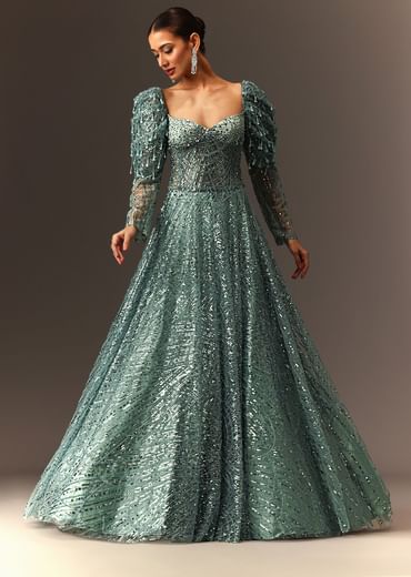 Blusih Grey Sequins Gown With Corset Blouse And Symmetrical Sleeves