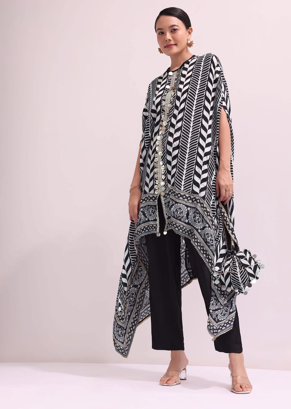 Boho Style Printed Black Kurta Pant Set With Matching Potali