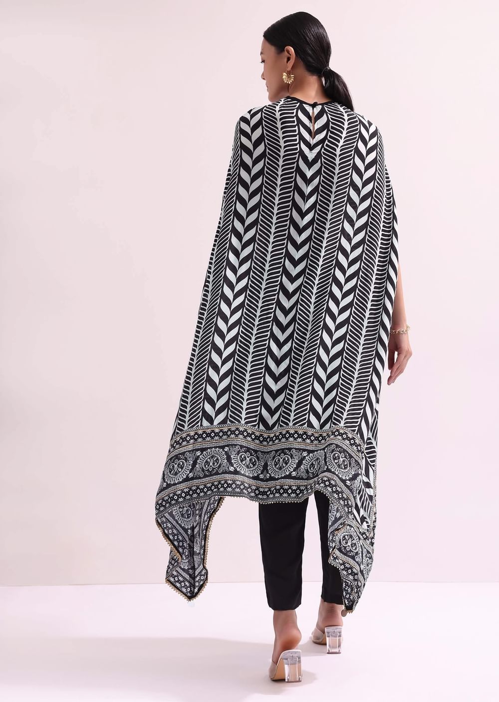 Boho Style Printed Black Kurta Pant Set With Matching Potali