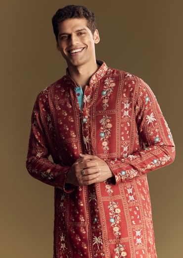 Bold Red Silk Kurta Set With Handcrafted Thread And Sequin Embellishments