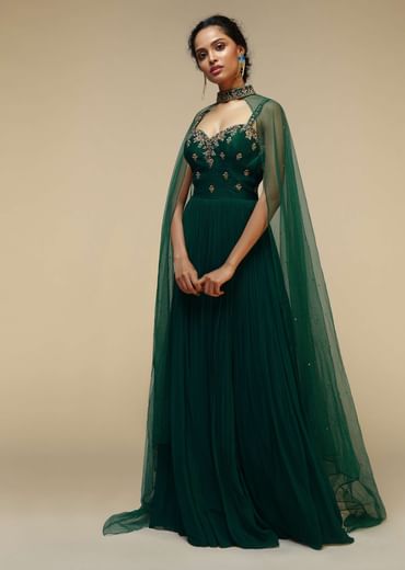 Bottle Green Anarkali Gown With Hand Embroidered Floral Design Using Multi Colored Sequins And Cut Dana Work