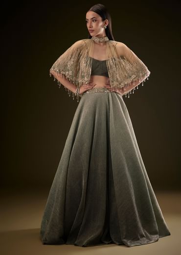 Bottle Green Crush Lehenga With Choker Style Cape Bottle Green Crush Lehenga With Choker Style Cape