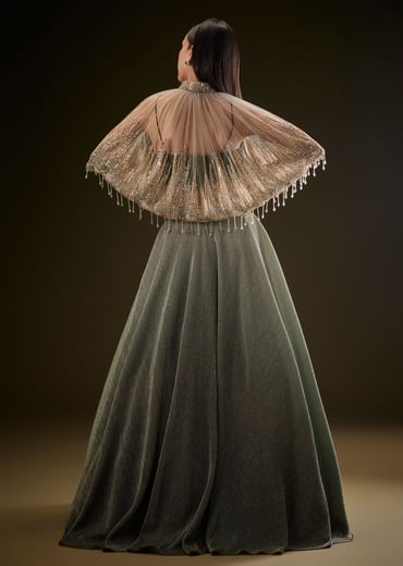 Bottle Green Crush Lehenga With Choker Style Cape Bottle Green Crush Lehenga With Choker Style Cape