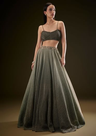 Bottle Green Crush Lehenga With Choker Style Cape Bottle Green Crush Lehenga With Choker Style Cape