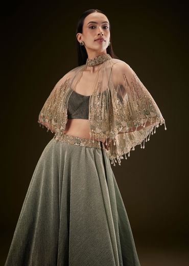 Bottle Green Crush Lehenga With Choker Style Cape Bottle Green Crush Lehenga With Choker Style Cape