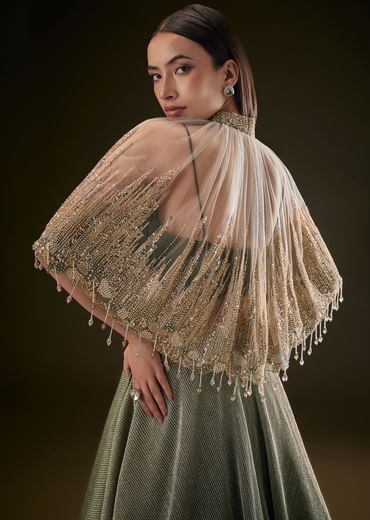 Bottle Green Crush Lehenga With Choker Style Cape Bottle Green Crush Lehenga With Choker Style Cape