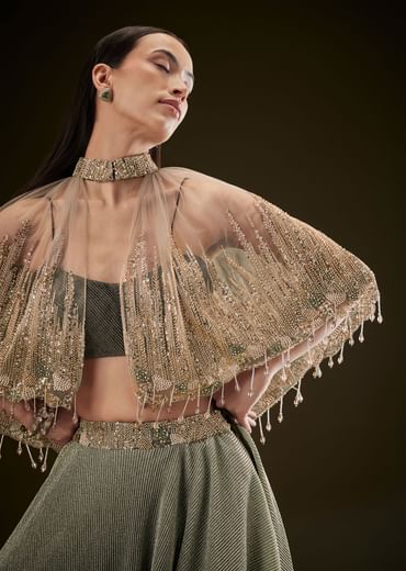 Bottle Green Crush Lehenga With Choker Style Cape Bottle Green Crush Lehenga With Choker Style Cape