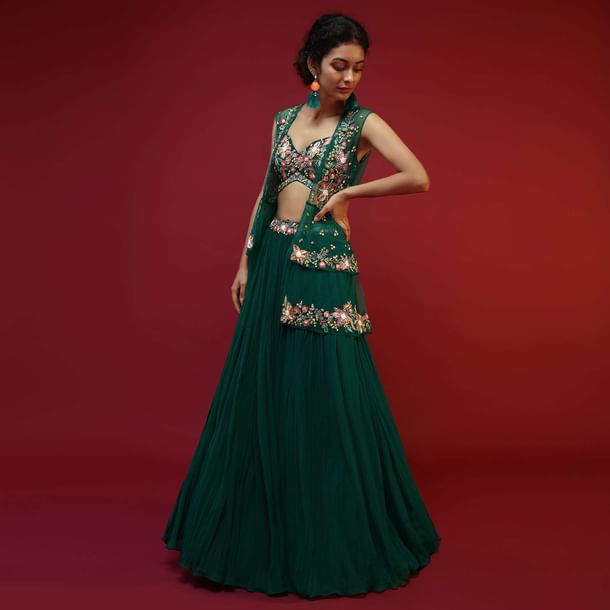 Bottle Green Lehenga Choli And Sleeveless Peplum Jacket Adorned With Colorful Resham And Moti Embroidered Flowers