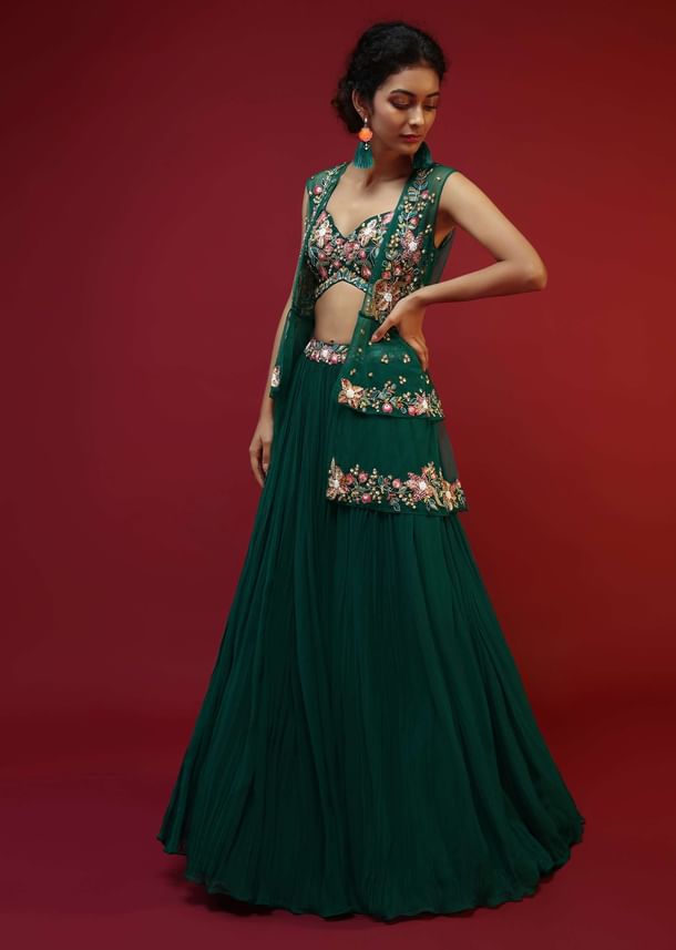 Bottle Green Lehenga Choli And Sleeveless Peplum Jacket Adorned With Colorful Resham And Moti Embroidered Flowers